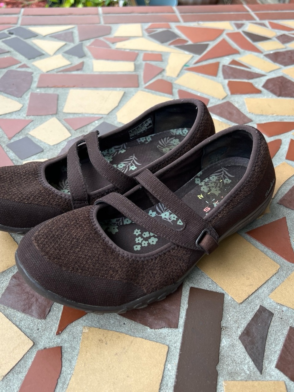 Skechers Brown Knit Mary Jane Flats with Cross Strap